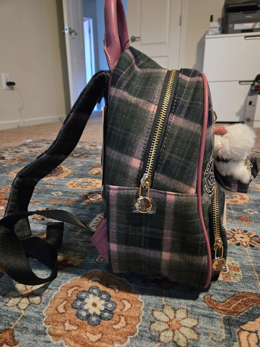 Juicy Couture Pink and Green Plaid Mini Backpack with Plush Bear Charm